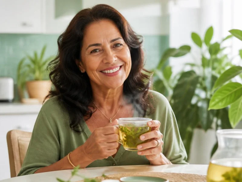 Mulher sorrindo enquanto toma um chá para desinchar