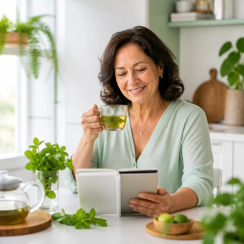 Mulher sorrindo enquanto lê as receitas do combo de chás para desinchar